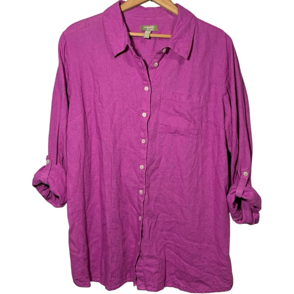 Naturals D&CO. | Wild Orchid Button Up Roll Tab Sleeves Linen Blend Top size L - Picture 2 of 15